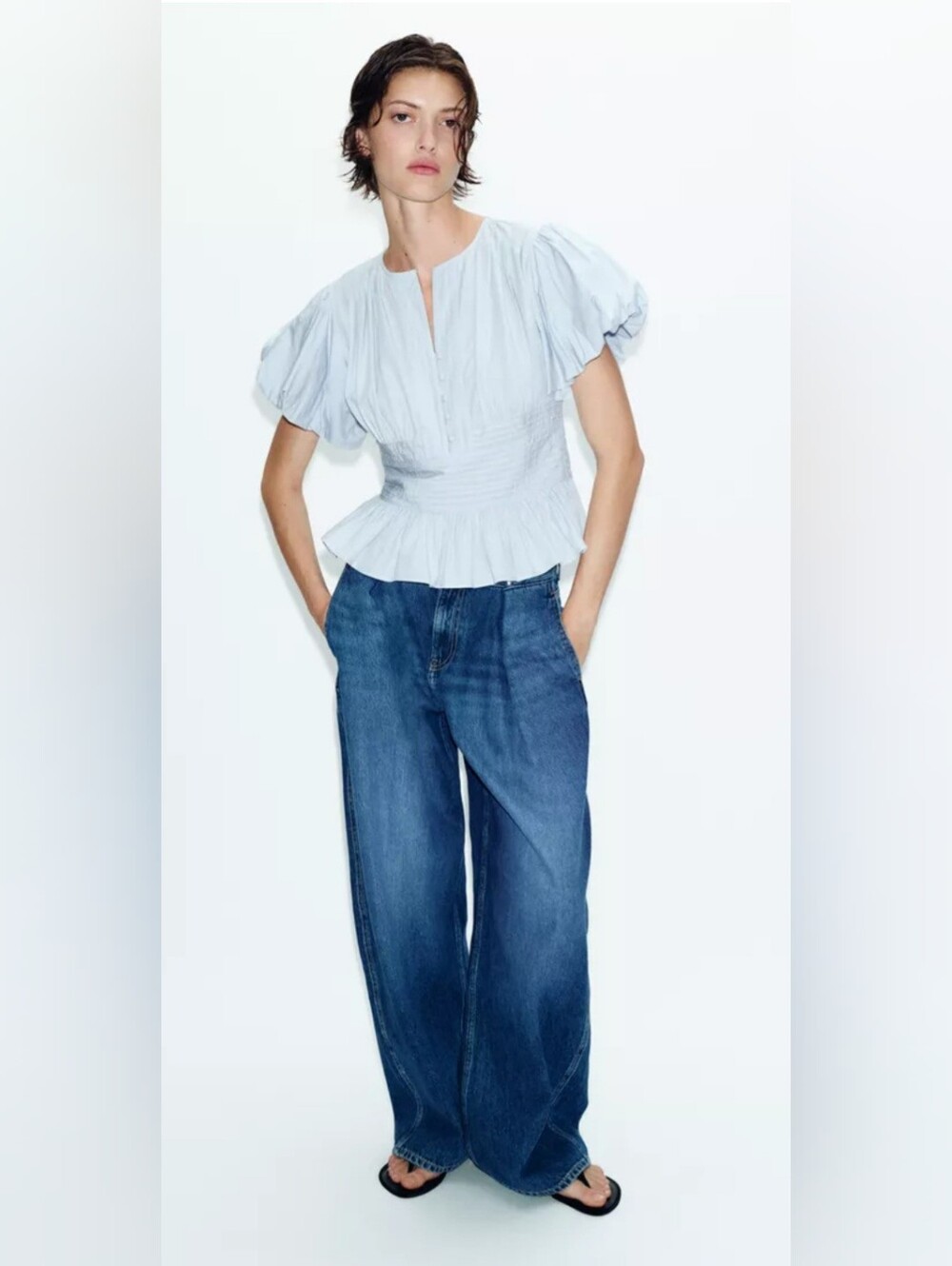 Zara Sky Blue Pin Tuck Puff-Sleeve Top SZ S